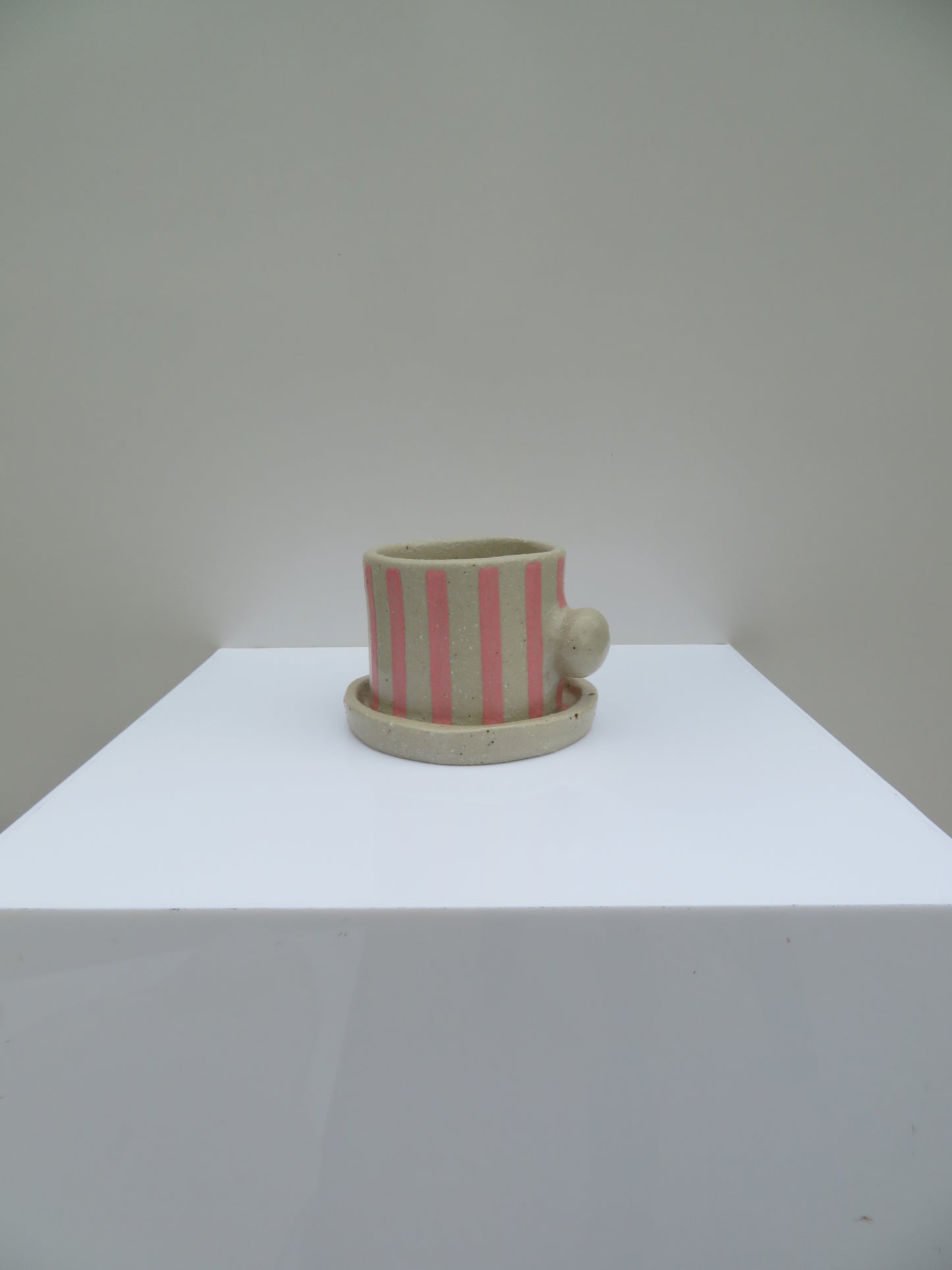 'Button Mug & Coaster' in Soft Pink (Striped)