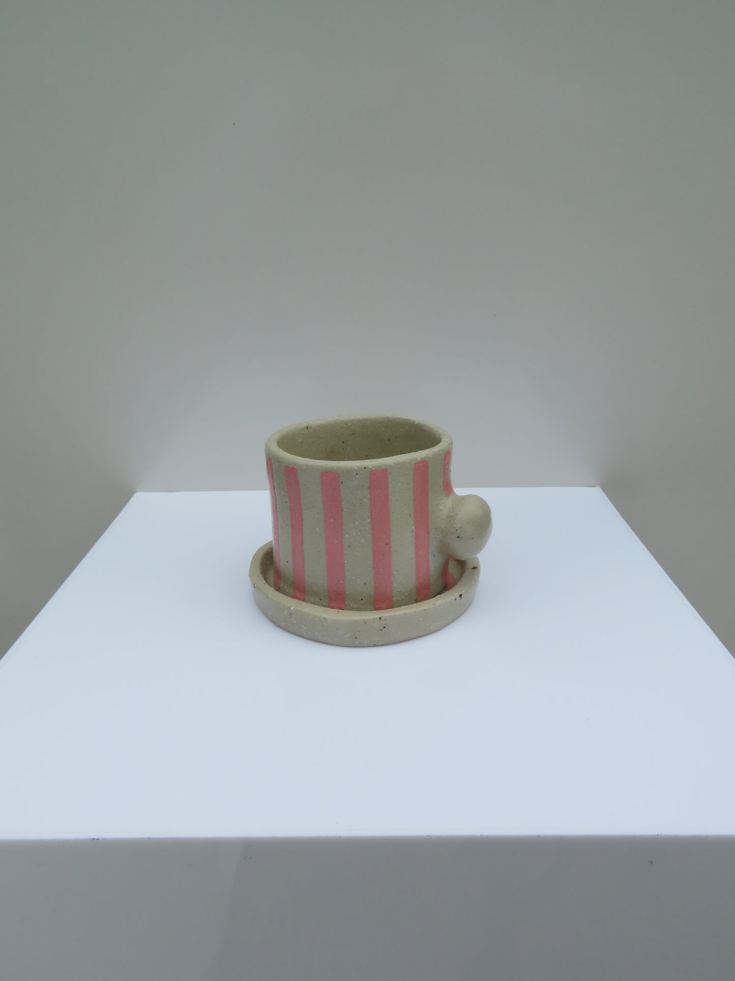 'Button Mug & Coaster' in Soft Pink (Striped)